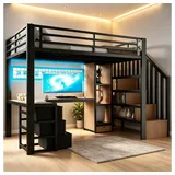 REDOM Hochbett Jugendbett mit Eisenrahmen, Ablagefach, 4 Schubladen (LED-Lichtleiste, Schreibtisch und Stauraumtreppe, Funktionsbett Metallbett, 140 x 200 cm) Inklusive Matratze