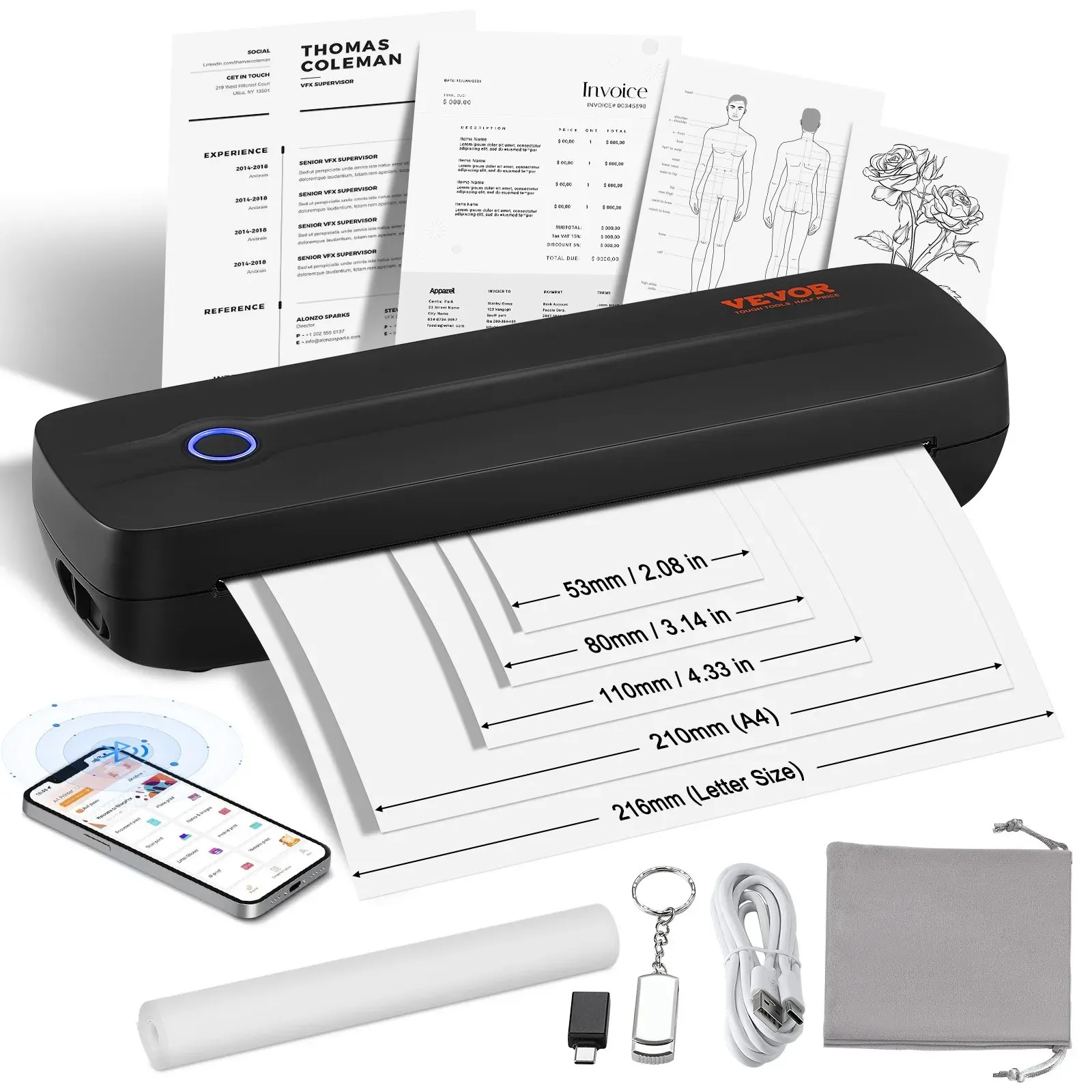 VEVOR mobiler Drucker tragbarer Thermodrucker Bluetooth-Tintenloser Drucker, Thermopapier im Format A4 A5 kompatibel mit iOS / Android / Laptop, 300 DPI Reisedrucker im Büro und zu Hause Schwarz