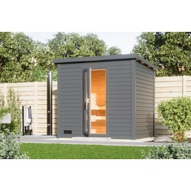 Karibu Gartensauna Saunahaus Hytti 3 terragrau Energiesparende Saunatür 9 kW Ofen integr. Steuerung inkl. 8-teiligem gratis Zubehörpaket (Gesamtwert 191,92€)