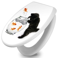 banjado® Toilettendeckel mit Absenkautomatik 44x37cm mit Motiv Katze Und Fisch - WC Brille Soft Close - hygienischer Toilettendeckel/Klodeckel Duroplast mit Edelstahl Scharnieren - einfache Montage