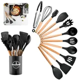 Küchenhelfer Set, 12 Stück Antihaft Hitzebeständiger Holzgriff Kochbesteck mit Utensilienhalter, Holzgriff-Küchenhelfer, Silikon Küchenhelfer Kochutensilien Kochgeschirr Spülmaschinengeeignet(Schwarz)