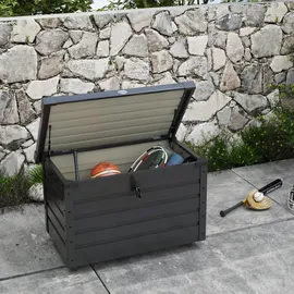 Outsunny Gartenbox, Aufbewahrungsbox mit Rollen, Aufbewahrungskiste mit Schloss, Griff, Gartentruhe für Balkon, Terrasse 100 x 62 x 65 cm, Dunkelgrau