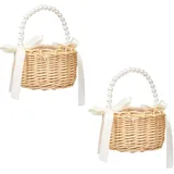 2 Stück Wicker Rattan Blumenmädchen Korb Blumenkorb mit henkel und Schleife Blumenkörbe Geflochtener Korb für Die Hochzeit Blumen (Farbband B)