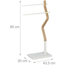 Relaxdays Handtuchhalter stehend, Handtuchständer mit 2 Stangen, Hand- & Geschirrtücher, Holzoptik & Metall, weiß/natur