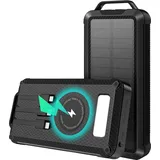 Wireless Solar Powerbank 20000mAh, Powerbank mit LED, Solar Ladegerät   mit 3 Ausgangskabeln für Smartphones, Tablets und mehr - Schwarz