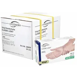 Hygonorm® Vinylhandschuhe Classic Light, gepudert, transparent, Einweghandschuh ist nur für Kontakt mit nicht-fettenden Lebensmitteln geeignet, 1 Karton = 10 Packungen à 100 Stück, Größe XL