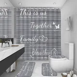 juwute Familien-Duschvorhang-Set mit rutschfesten Teppichen, WC-Deckelbezug und Badematte, graues Heim-Badezimmerdekor-Set, Zubehör, wasserdichte Duschvorhänge mit 12 Haken, 183 x 183 cm