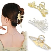 Goldene Perlen-Haarspangen, Perlen-Haarspangen, 3er-Pack, Haarspangen, Perlenschmuck, rutschfeste große Metall-Haarspangen für Frauen, Mädchen, dickes Haar, dünnes Haar (Goldener Schmetterling)
