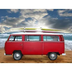 Fototapete PAPERMOON "Red Beetle Bus", bunt (mehrfarbig), B:4,5m L:2,8m, Vlies, Tapeten