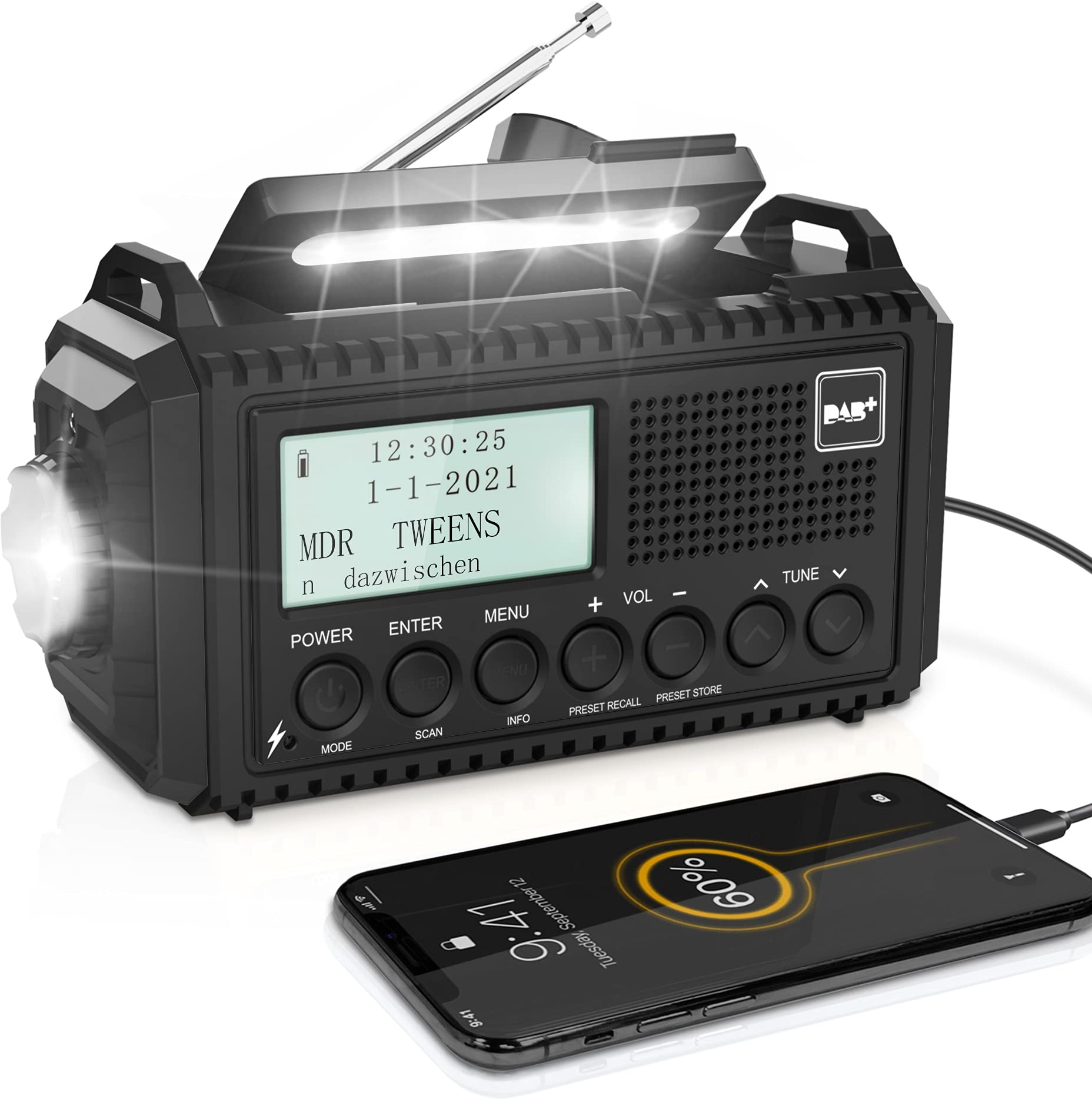 DAB/DAB+/UKW Digitalradio mit Eingebaute 5000mAh Akku Solar Radio Notfallradio mit USB Handyladefunktion Camping Radio mit LED Taschenlampe Leselampe SOS Alarm Tragbares Kurbelradio für Outdoor