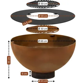 BBQ-Toro Feuerschale mit Grill Ø 60 cm, Rostoptik, Feuerplattengrill, Outdoor Feuerstelle