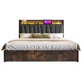 OKWISH Polsterbett Metallbett (mit aufladen USB Ladefunktion Kopfteil und LED-Beleuchtung), 140 x 200 cm, ohne Matratze grau