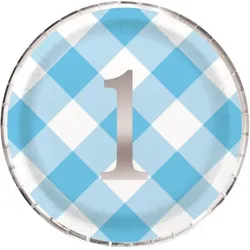 8 Teller 1. Geburtstag Vichy Karo hellblau Folie