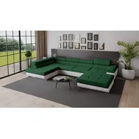 Goldstoff Wohnlandschaft RELAX U Ecksofa mit Schlaffunktion, Kunstleder & Samt, 345 × 205 cm, zwei Bettkästen, verstellbare Kopfstützen blau