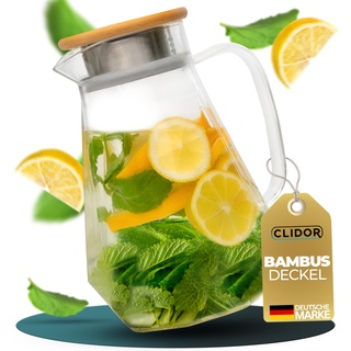 CLIDOR ® Wasserkaraffe I 1,5 Liter I verstärkte Glasstärke I Karaffe für Heiß- & Kaltgetränke geeignet I Tropffreier Ausguss I moderne Glaskaraffe I Teekanne Glas I robuste Glaskaraffe mit Deckel