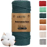 AOKITO Premium Makramee Garn, 3mm x 100m Makramee Baumwollgarn, Makramee Schnur für DIY Handwerk, Weben & Hängepflanzen - Natürlich, Umweltfreundlich & Langlebig (Dunkelgrün)