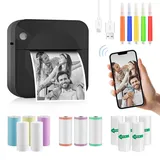 GuKKK Mini Drucker, Mobiler Fotodrucker, Tragbarer Mini Fotodrucker, Wireless Fotodrucker Thermodrucker, mit 13 Rollen Druckerpapie und 5 Buntstifte, Smartphone Bluetooth Drucker, für Liste, Journal