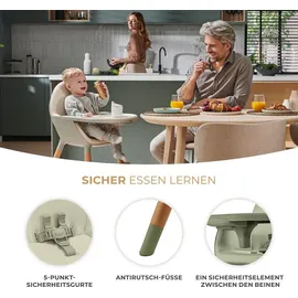 Kinderkraft Hochstuhl FINI2 2 in 1, Kinderhochstuhl, Babystuhl, Kombihochstuhl, Beine aus Holz, Sicherheitsgurte, Fußstütze, Doppeltablett, ab 6 Monate bis 5 Jahre, 5 Punkt Gurte, Grün