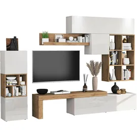 OTTO home Wohnwand OTTO HOME "Chronos Wohnwand, Medienwand, 8-er set", weiß (weiß hochglanz, eiche wotan), B:320cm, Holzwerkstoff, Kastenmöbel-Sets, Wohnwand, ca. 320 cm mit Hängeschränke, Würfel, Regal, Lowboard, Made in Italy