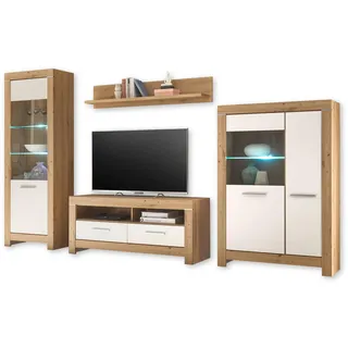 Stella Trading BALIN Wohnwand Komplett-Set in Artisan Eiche Optik, Weiß - Moderne Schrankwand mit LED-Beleuchtung für Ihr Wohnzimmer - 325 x 197 x 45 cm (B/H/T)
