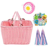 GreatRise Geflochten Fahrradkorb Set Vorne Lenkerkorb mit Lederriemen Griffe Luftschlangen Fahrradklingel Aufkleber, Handgewebter Kinderfahrradkorb Fahrrad Zubehör für Fahrräder Rosa Set