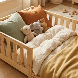 ecomi Kinderbett mit Rausfallschutz 80 x 160 cm Kiefer massiv natur