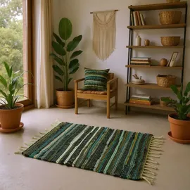 Marrakesch Orient & Mediterran Interior Boho Vorleger Callum handgefertigt aus Baumwolle in Grün 50 x 90 cm