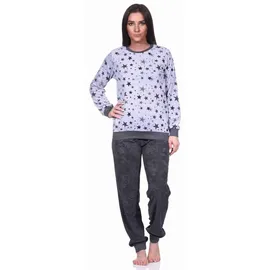 normann-wäschefabrik Damen Frottee Pyjama Schlafanzug mit Bündchen in edlen Sterne Design - auch in Übergrößen, Farbe:grau-Melange, Größe:48-50 - 48-50