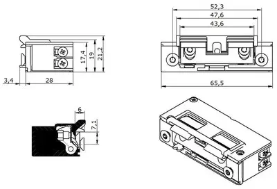 Elektro-Türöffner,mit Fallengleitdeckel 5U1X21 AC/DC, B 17,4, H 65,5, T 31,4