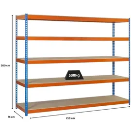 Proregal Schwerlastregal Wood Beast Five HxBxT 200 x 210 x 75 cm 5 Ebenen Fachlast 500 kg Blau-Orange
