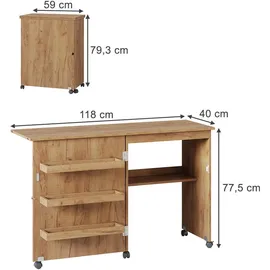 Vicco Nähtisch Carmen, Eiche, 118 x 77.5 cm mit 3 Regalfächer,