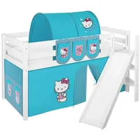 Spielbett JELLE 90 x 190 cm Hello Kitty Türkis - Hochbett LILOKIDS - Weiß - mit schräger Rutsche und Vorhang - Weiß/Türkis