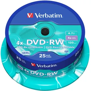 Verbatim DVD-RW 4x Matt Silver 4.7GB, 25er Pack Spindel, DVD Rohlinge beschreibbar, 4-fache Brenngeschwindigkeit & Hardcoat Scratch Guard, DVD leer, Rohlinge DVD wiederbeschreibbar