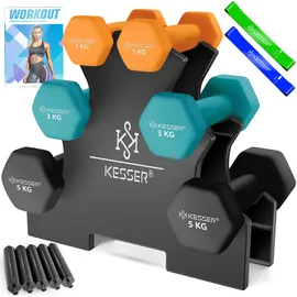 Kesser KESSER® Hantel-Set, 3 Paar, 1kg - 5kg, 12kg oder 18kg kurzhanteln mit Ständer Aufbewahrung, Fitnessstudio, Krafttraining, Hantelset rutschfeste Neopren, Mit Übungsheft, 2x Fitnessbänder