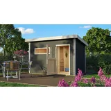 Karibu Saunahaus Außensauna Gartensauna Skrollan 2 terragrau lackiert Ofen 9 kWexterne Strg easy 38mm Massivholz 336x231x227 cm mit Classic Tür