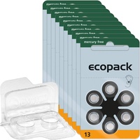 60x ecopack Hörgerätebatterien 13 (Orange), 10x6er Blister PR48 1,4V + Aufbewahrungsbox für 2 Hörgerätebatterien (alle Größen), transparente Batteriebox für Zwei Knopfzellen bis 12 mm x 6 mm (Ø x H)