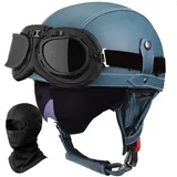 Deutscher Leder Motorrad Halbhelm für Erwachsene Männer Frauen, Vintage Halbschalen-Helm ECE Geprüft Halbschalenhelm mit Schutzbrille Visier, für Fahrrad Cruiser Scooter Chopper