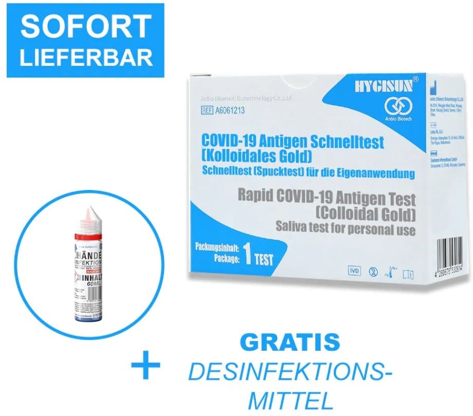 100x HYGISUN Corona Speicheltest Spucktest Antigen Coronatest Laienzulassung + Gratis Desinfektionsmittel (S27)