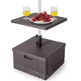 COSTWAY Sonnenschirmständer mit Rollen, Tischablage, Griff und beschwerter Tasche, 3-in-1 Schirmständer 45 Liter / 67 kg befüllbar mit Wasser oder Sand, Beistelltisch für Garten, Terrasse, Braun