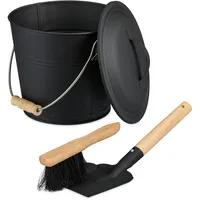 Relaxdays Ascheeimer mit Deckel 4,5 L inkl. Aschebesen & Kaminschaufel Holz, Eisen 26 x 26 cm Schwarz