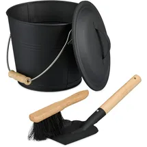 Relaxdays Ascheeimer mit Deckel 4,5 L inkl. Aschebesen & Kaminschaufel Holz, Eisen 26 x 26 cm Schwarz