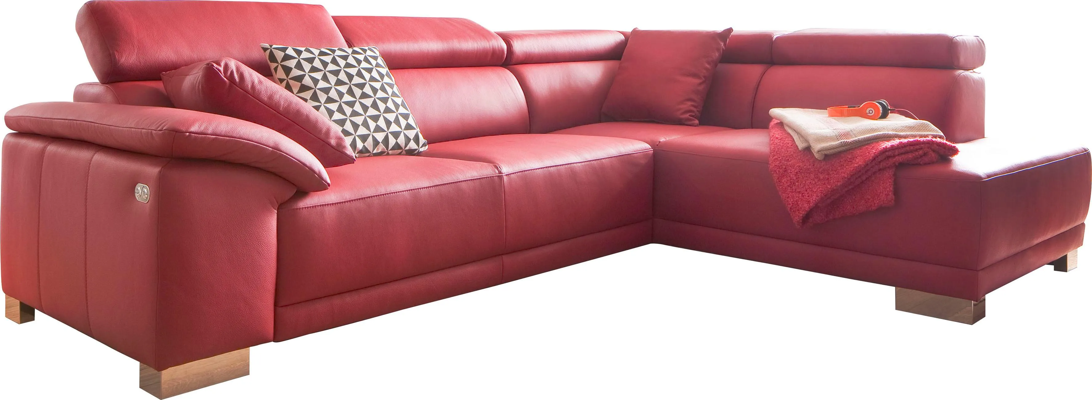 Ecksofa 3C CANDY "Menorca L-Form" Sofas Gr. B/H/T: 270cm x 79cm x 205cm, Dickleder, Recamiere rechts, ohne elektronischen Sitzvorzug, rot (kaminrot) Kopfteilverstellung, wahlweise elektronischer Sitzvorzug, in Dickleder