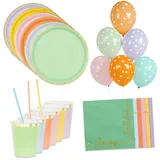 Decoraparty Regenbogen-Geschirr-Set für 6 Personen, für Geburtstagsfeier, 6 Becher, 6 Teller, 12 Servietten, 10 Trinkhalme, 6 Luftballons – bunte Tischdekoration Happy Birthday