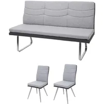 Mendler Set 2x Esszimmerstuhl+Sitzbank HWC-G54, Bank Küchenstuhl Stuhl, Stoff/Kunstleder Edelstahl ~ grau Bank 160cm