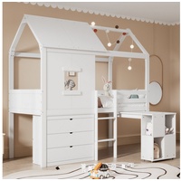 Flieks Hochbett Kiefer Kinderbett Hausbett mit Schreibtisch und 3 Schubladen 90x200cm weiß