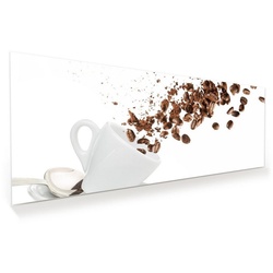 Primedeco Glasbild Wandbild Kaffeebohnen und Pulver mit Aufhängung, Kaffee weiß 125 cm x 50 cm
