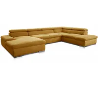 Cavadore Wohnlandschaft Alkatraz im modernen Design / U-Form mit Longchair links und Ottomane rechts / Inkl. Kopfteilverstellung / 350 x 73 x 226 / Gelb