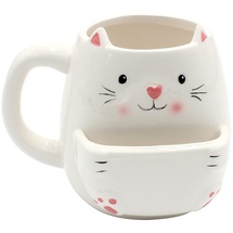 Dekohelden24 Kaffeebecher Kaffeetasse mit Keksfach aus Keramik - Motiv: Katze - Größe: ca. H/Ø: 10 x 7 cm/Fassungsvermögen: 300ml