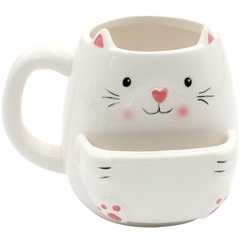 Dekohelden24 Kaffeebecher Kaffeetasse mit Keksfach aus Keramik - Motiv: Katze - Größe: ca. H/Ø: 10 x 7 cm/Fassungsvermögen: 300ml