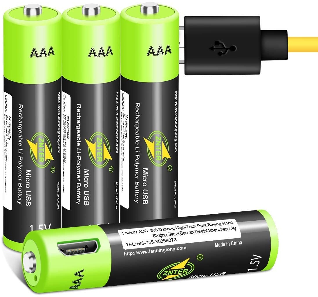 AAA Akku [4 Stück], Wiederaufladbare Micro USB Verdreifachen A Lithium Batterien 1,5 V/400 mAh, 1 h Schnellladung Rechargeable Akkus, Nicht NI-MH/NI-CD/Alkaline-Batterien, ECO-Freundlich/ 3000 Zyklen